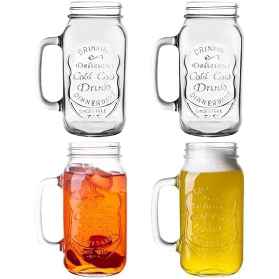 24 OZ Mason Jar Drinking Glasses for Party Beverages Materials and Jars with Comfortable Handle Easy to Clean in the Dishwasher 4Pack$$Home Decor, Kitchen, & Other
