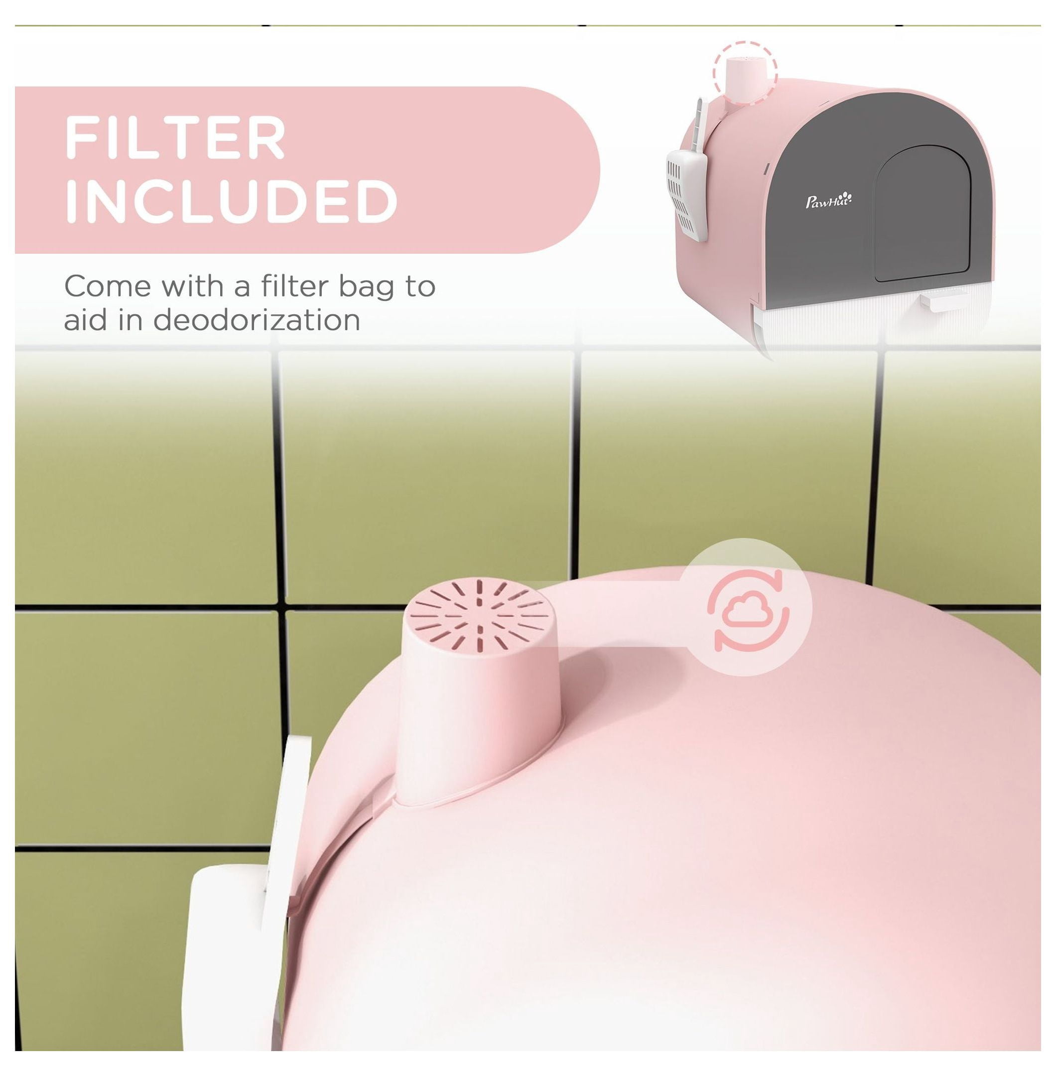 Covered Cat Litter Box with Lid, Scoop & Filter - Pink Compact Litter Box for Cats - Enclosed Cat Toilet with Mat - Private, Odor Control for Kittens Under 10lbs