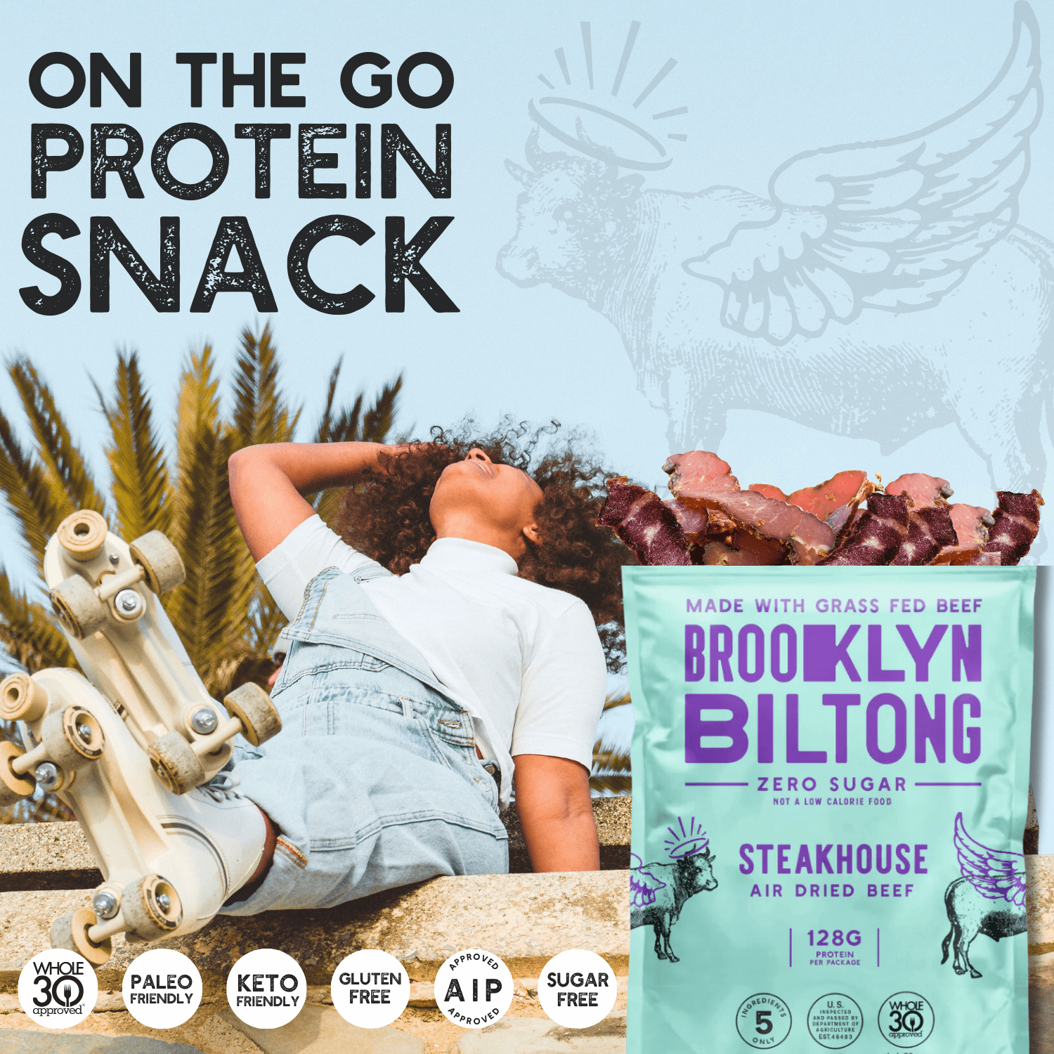 Brooklyn Biltong - Air Dried Grass Fed Beef Snack, South African Beef Jerky - Whole30 Approved, Paleo, Keto, Gluten Free, Sugar Free, Made in USA (Steakhouse)