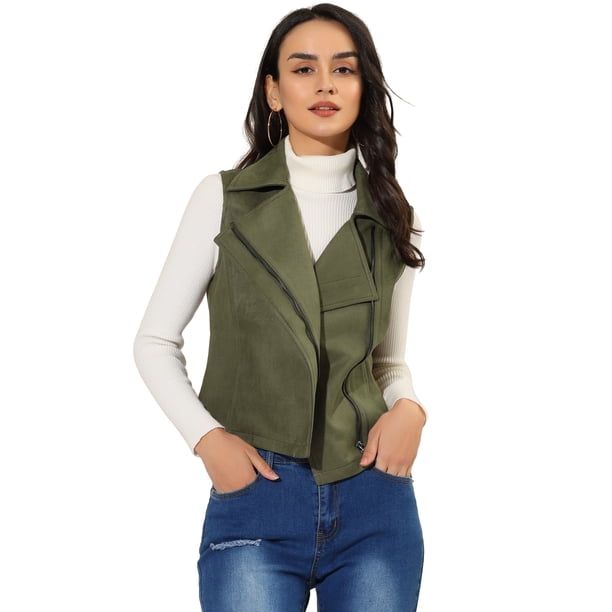 Chaleco de gamuza sintética Allegra K estilo motorista sin mangas verde XS