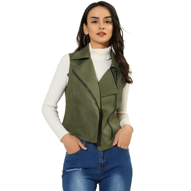 Chaleco de gamuza sintética Allegra K estilo motorista sin mangas verde XS