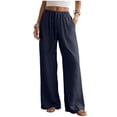 thumbnail image 5 of NIEWTR Linen Wide Leg Pants Woman High Waisted Pull On Button Drawstring Baggy Casual Summer Palazzo Pants with Pockets（Navy,L), 5 of 9