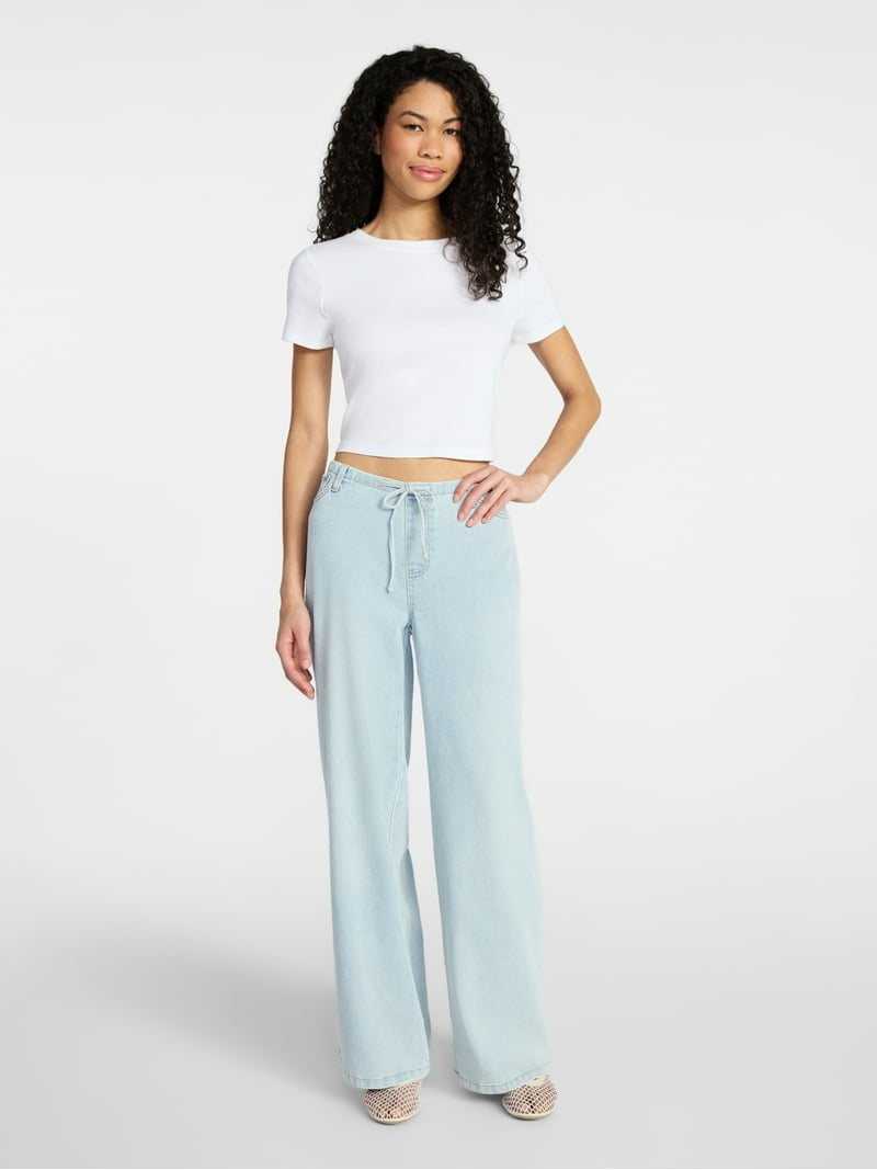 No Boundaries Mini Waistband Wide Leg Pants, 31'' Inseam, Women's