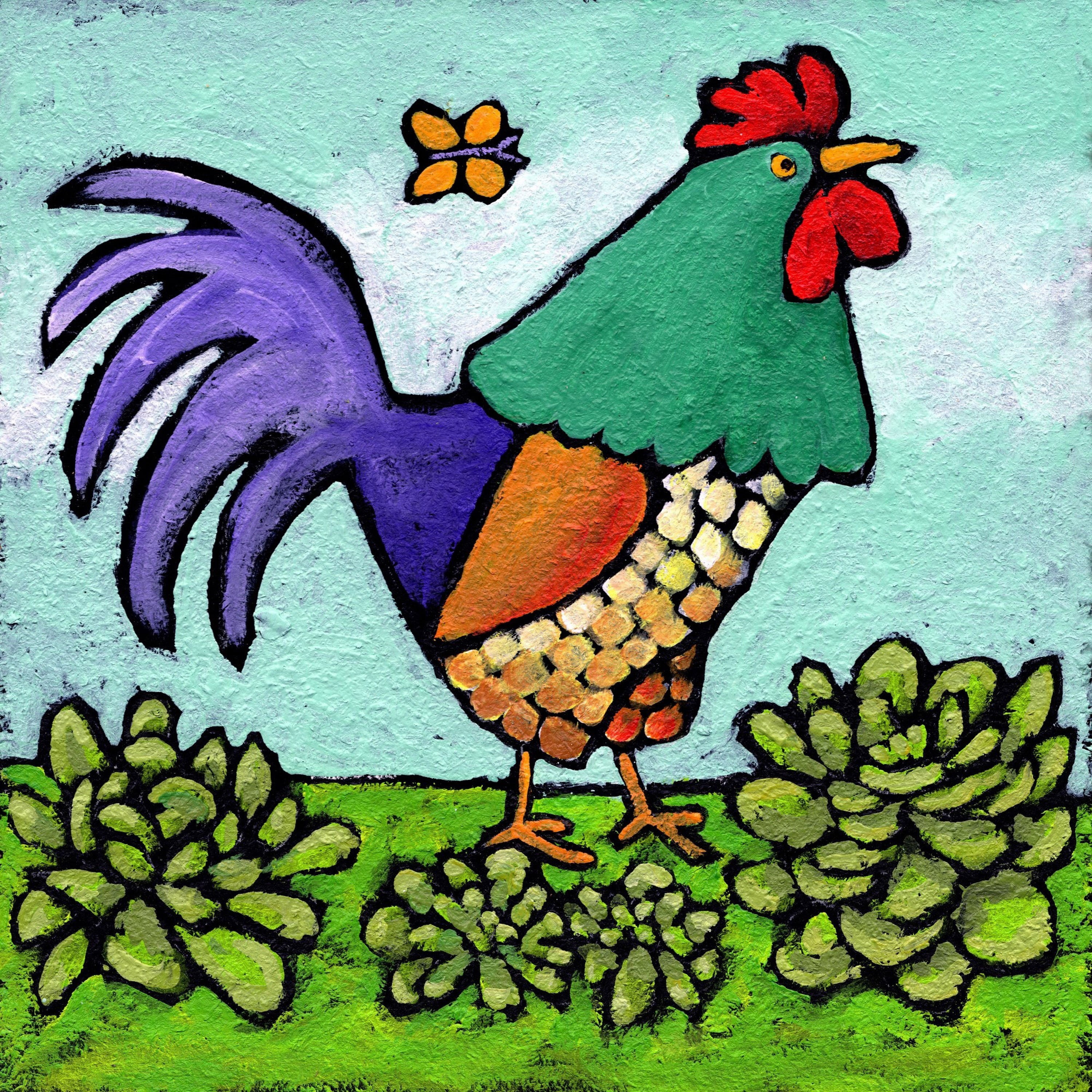 Marmont Hill - "Rooster and Butterfly" by Janet Nelson Painting Print on Wrapped Canvas