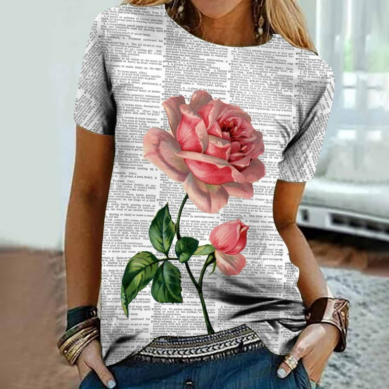 HAPIMO Rollbacks Summer Shirts for Women Short Sleeve Shirt Classic-Fit  Casual Raglan Round Neck Cozy Blouse Flower Graphic Print Tee Shirt Womens  Fashion Pullover Tops Pink M 
