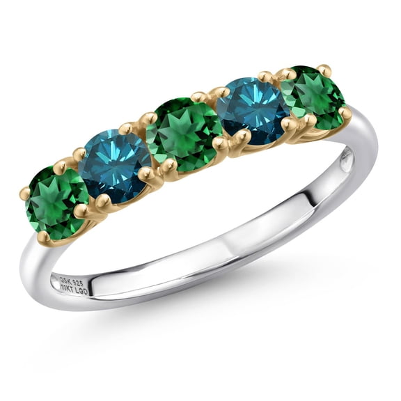 Gem Stone King 925 Silver and 10K Yellow Gold Green Nano Emerald and Blue Diamond Wedding-Bands Ring for Women | 1.44 Cttw | Round 4MM | Gemstone May Birthstone | Size 5
