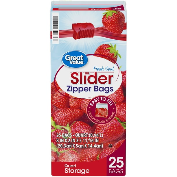 Great Value Fresh Seal Quart Storage Slider Zipper Bags, 25 Count