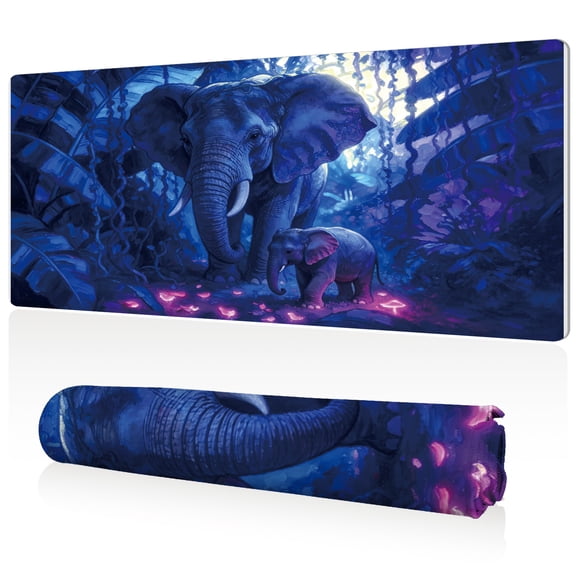 LIVEKEY XXL Mouse Pad Jungle Elephant Design 80x40cm Large Desk Mat Full Coverage Non Slip Base Durable Easy to Clean Stitched Edges for Gaming and Office Computer Use