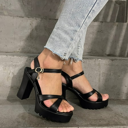 

〖Yilirongyumm〗 Black 40 Sandals Women Sandals Strap Mouth Fashion Ladies Fish Cross Sole Buckle Heel High Leather Thick Women s Sandals