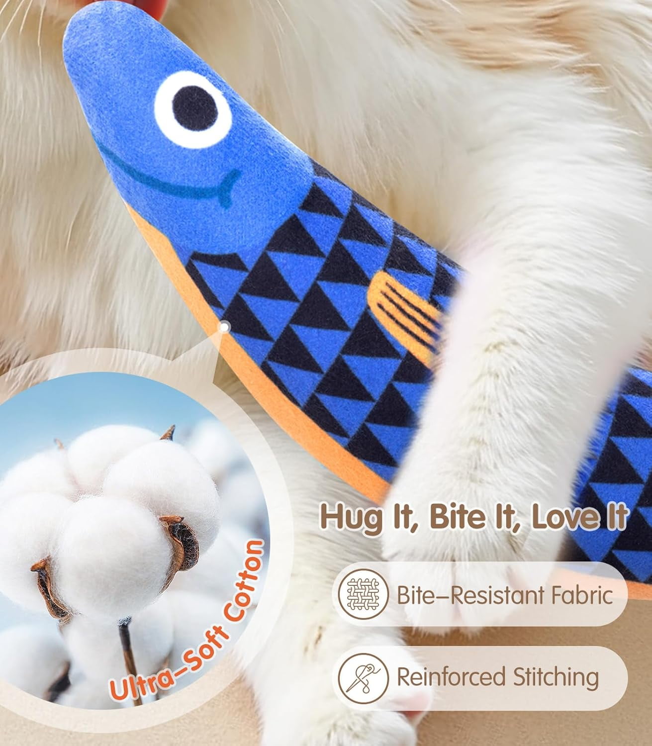 Cat Toys with[5000mg A+Natural Catnip &Silvervine] [Baby Grade] Interactive Soft Chew Kicker Cat Toys for Indoor Cats & Kittens, [Crinkle &Bell] Fish Sound Toy, Drives Bored Cat Crazy with Fun