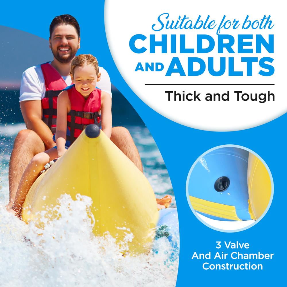 SereneLife Person Inflatable Banana Boat, Includes Storage Bag, Foot Pump, and Repair Kit, Tough and Thick, Reinforced Seats and Foot Areas. (Yellow)
