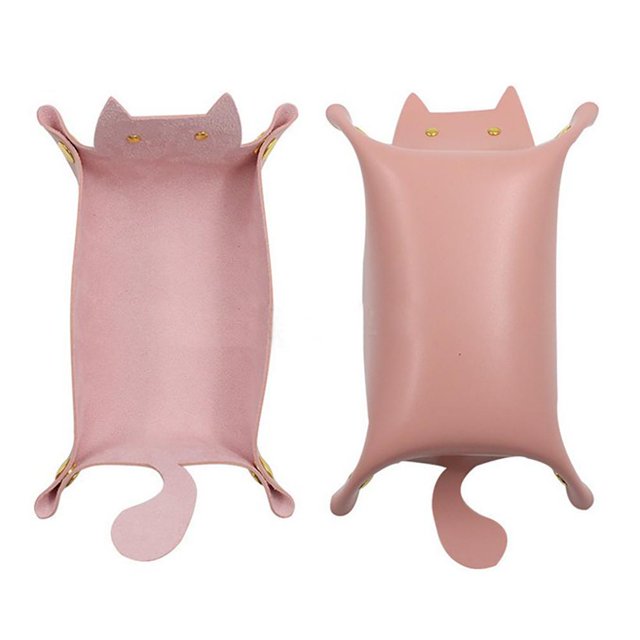 Cuero Pu Con Forma De Gato, Bandeja De Almacenamiento Plegable, Caja Contenedora De Joyas Para Llaves Para Uso En El Hogar Y La Oficina Eigraketly HA044171-03