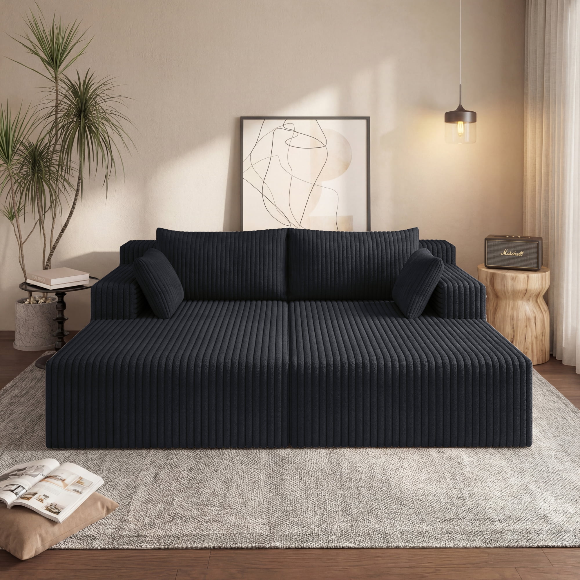 HOQBN 71" Oversized Double Chaise Lounges Indoor,Upholstered Corduroy Boneless Couch with 4 Pillows,Reading Lazy Cloud Plush Sofa Bed for Living Room, Bedroom,No Assembly,Antique Black