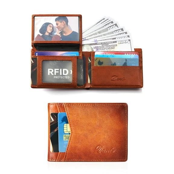 Genuine Leather Mens Wallets Bifold Rfid Blocking With 3 ID Windows,Leather Wallets For Men,Multiple credit card slots，Thin And Light In Size