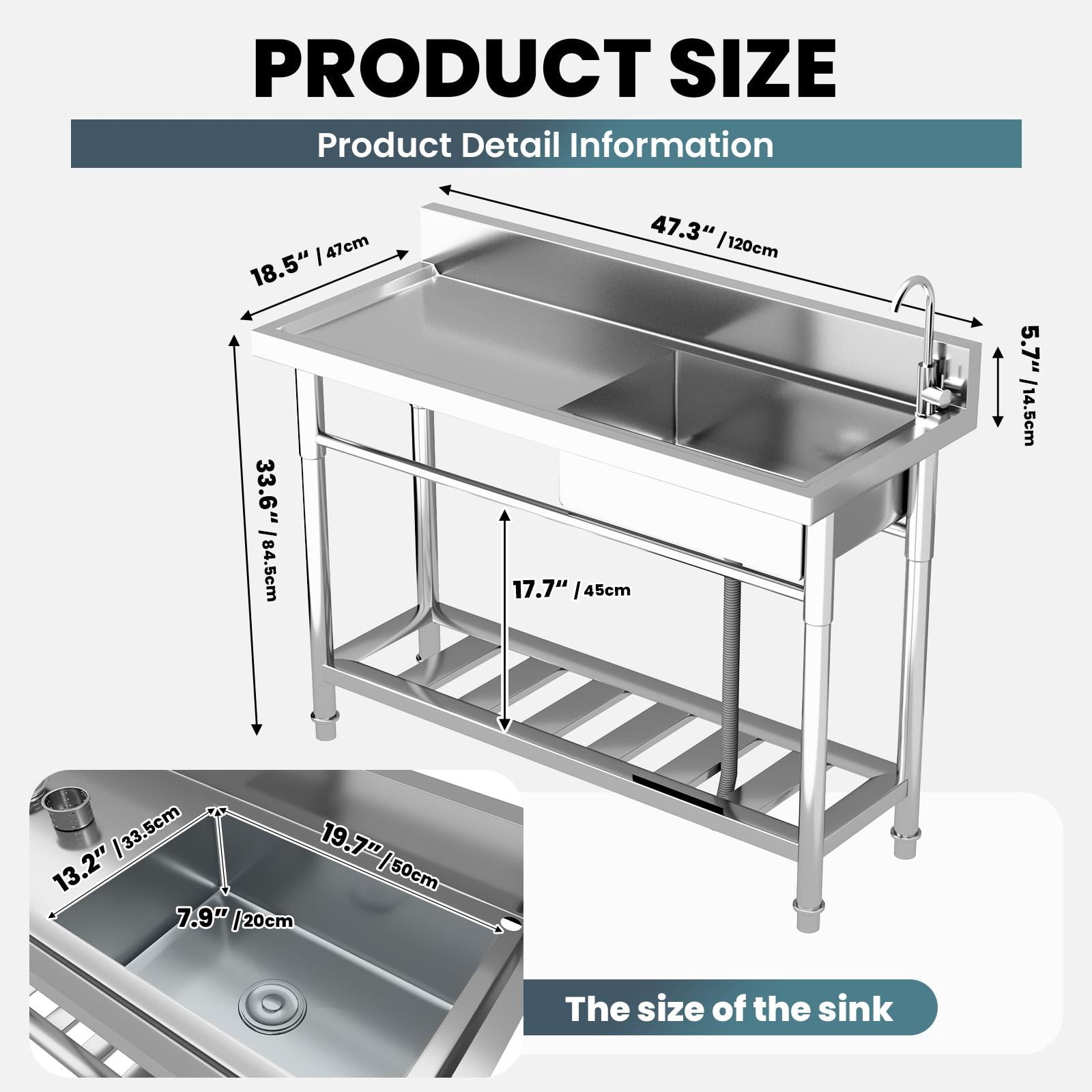 Muweixin Stainless Steel Utility Sink, 47.3" Freestanding Commercial Sink with 360° Swivel Faucet, 198lbs Heavy-Duty Prep Sink with Drainboard for Restaurant, Kitchen, Laundry, Garage