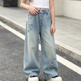 thumbnail image 4 of Spazoro Girls Denim Wide‑Leg Pants with Pockets, Elastic Waist Button Closure Loose Fit Heart Print . Casual Trousers for Daily Street Wear Blue Size 4-5T, 4 of 8