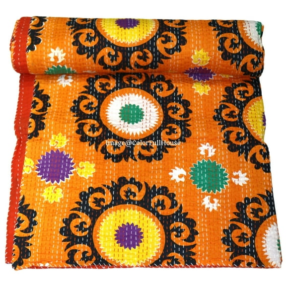 Indian Handmade Kantha Quilt, Orange Floral Pattern, Traditional Indian Textile Size ( Single 60" x 90" )