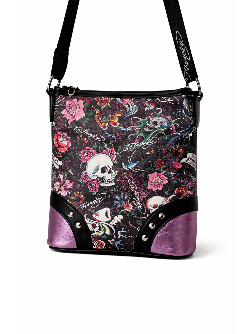 Ed Hardy Skull & Roses Crossbody Bag, Slim Vertical Tattoo Print