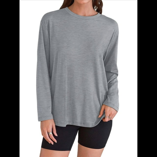 Camisetas de Larga Extragrandes para Mujer 2025, Camisetas Básicas de Cuello Redondo, Tops de Otoño, Ropa Informal de Entrenamiento Y2K Gris Plata L