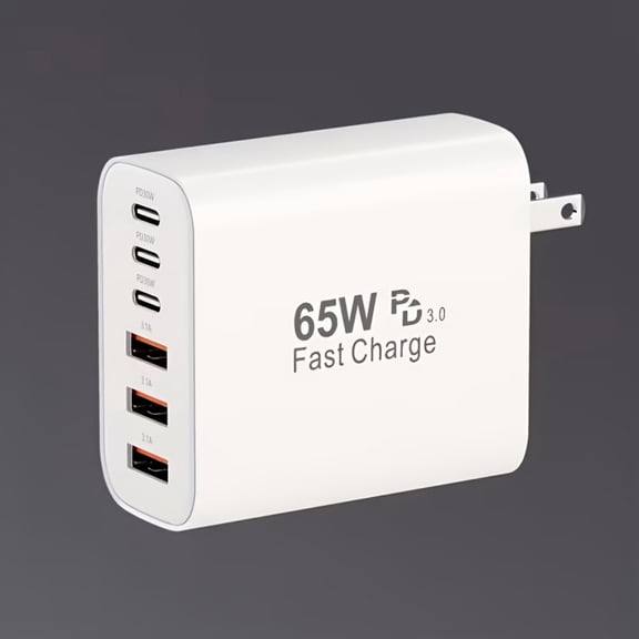 65W Type-C Fast Charger, PD USB C   QC Multi-Port Wall Charger, US Plug Power Adapter with 6 Ports for iPhone, iPad, Samsung, Xiaomi, Huawei & More, Ideal for Home, Office & Travel