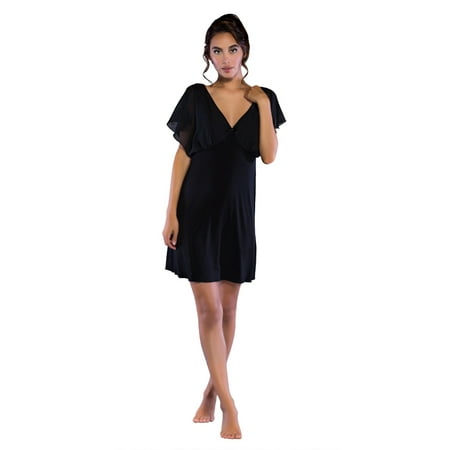 

Women s Sleepwear Lightweight Super Soft Bamboo Short Sleeve V Neck Chiffon Detail Nightgown - Made in Turkey (Small Black)