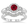 thumbnail image 2 of 2 Carat Red Ruby Round Cut Antique Moissanite Diamond Flower Halo Bridal Set on 10k White Gold, 2 of 2