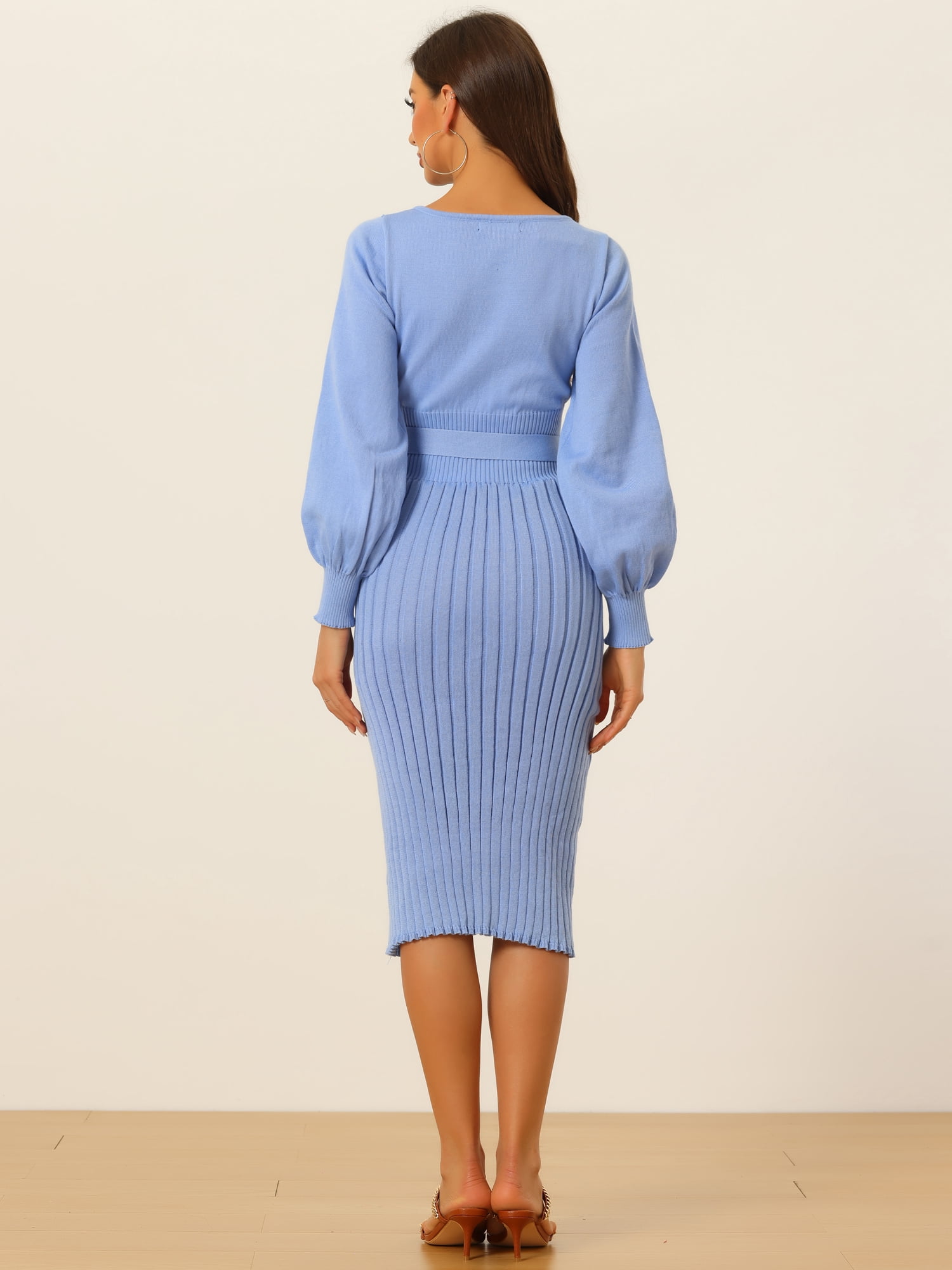 DARING DIVA Knit Belted Crew Neck Lantern Sleeves Pleated Sweater Dresse XS Haze Blue