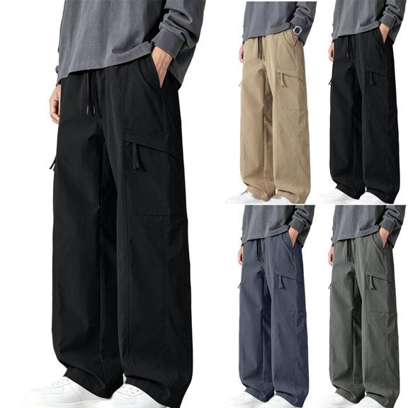 Danhjin Men's Baggy Cargo Pants Wide Leg Work Elastic Waist with Drawstring Casual Hiking Camping Pants Loose Solid Color Trousers with Pockets