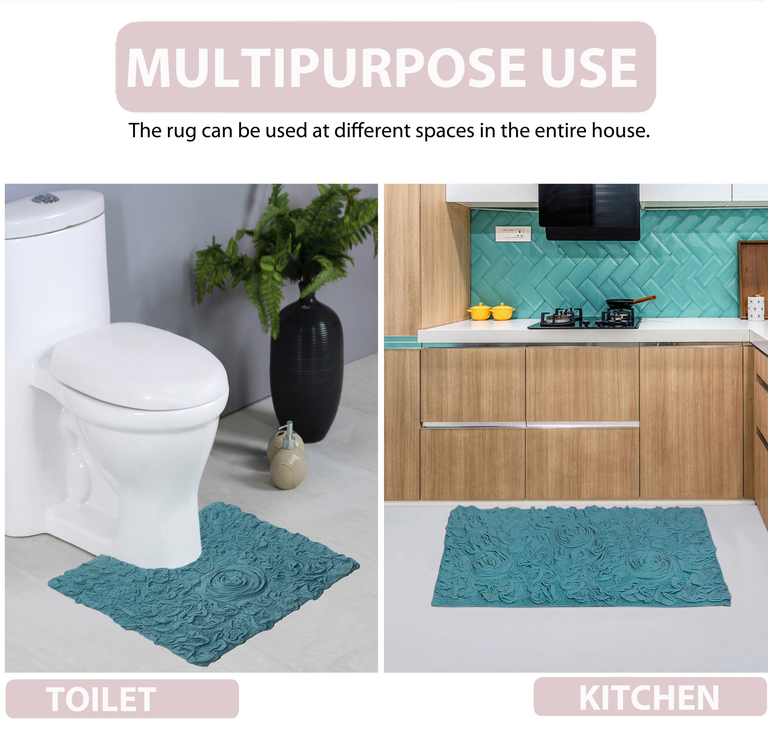 Home Weavers Bell Flower Collection 100% Cotton Non-Slip Bathroom Rug Set Machine Washable Bathroom Rug, U Shaped Contour, Bathroom Rug, Bath Rug, Runner, Blue Color 5 Piece Bath rug set