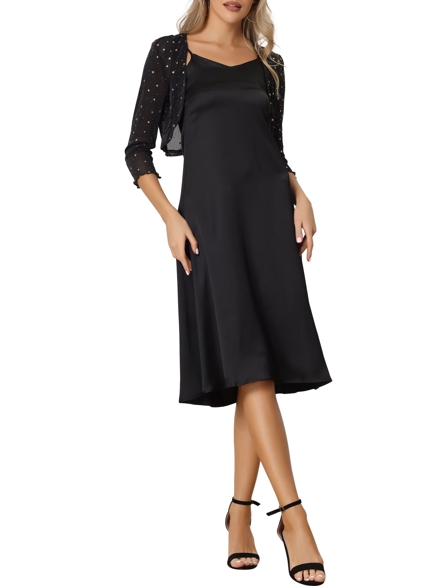 Unique Bargains Star Mesh Cardigan for Women's Metallic Party Crop Bolero Shrug M Black