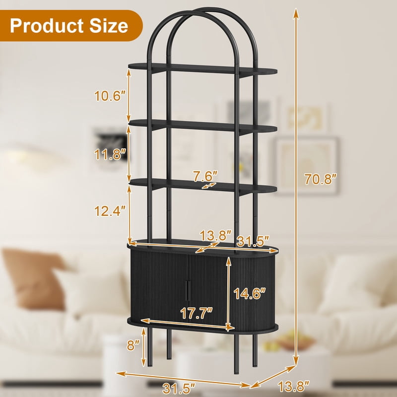 71" Tall Fluted Arched Bookshelf with Sliding Doors, Mid Century Modern Metal Curved Bookshelf Cabinet with Storage and Adjustable Footpad, 4-Tier Open Display Storage Shelf for Home, Living Room