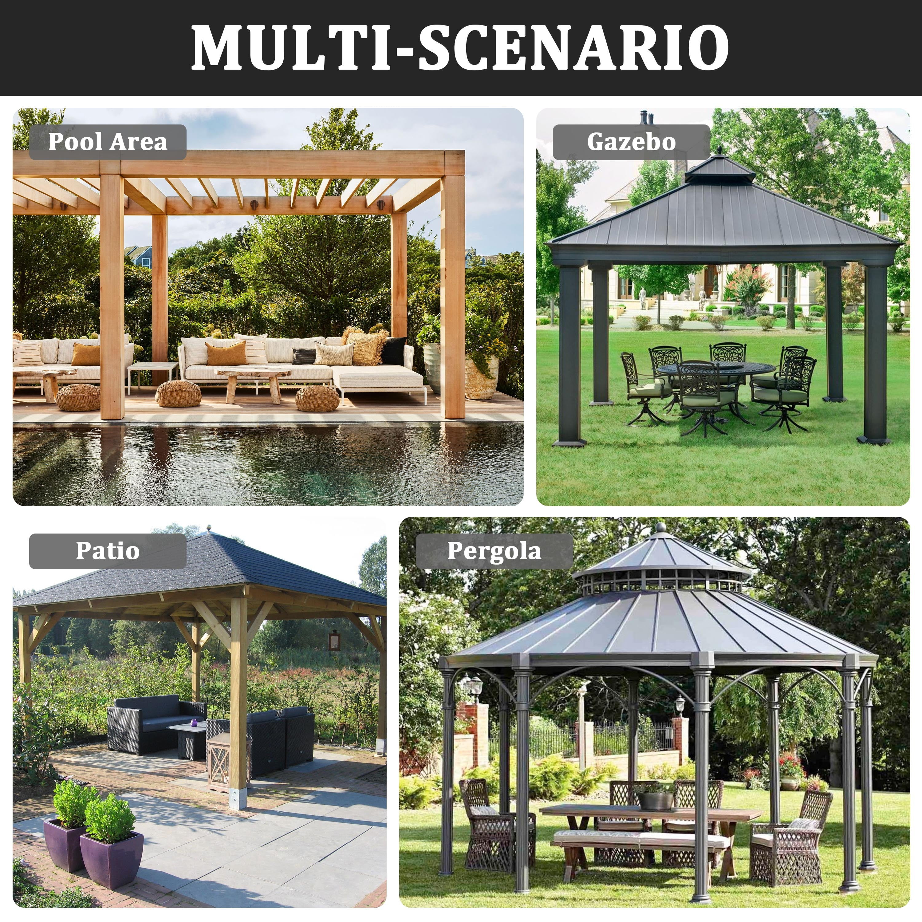 Pakunoda 4 Panel 12' X 6.5' Outdoor Curtains for 12' X 12' Gazebo, Waterproof Outdoor Privacy Curtain Panel set of 4, Black(Curtain Only)