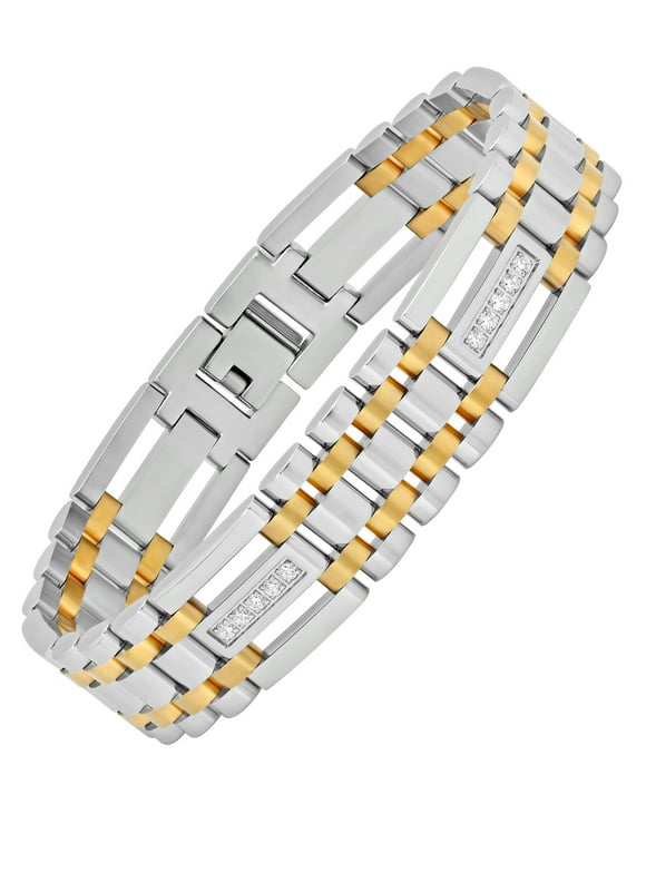 Mens Cubic Zirconia and Two-Tone Stainless Steel Link Bracelet
