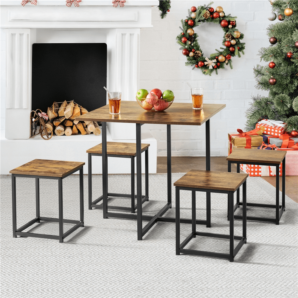 Renwick 5-Piece Dining Set with Industrial Square Table and 4 Backless Chairs, Rustic Brown