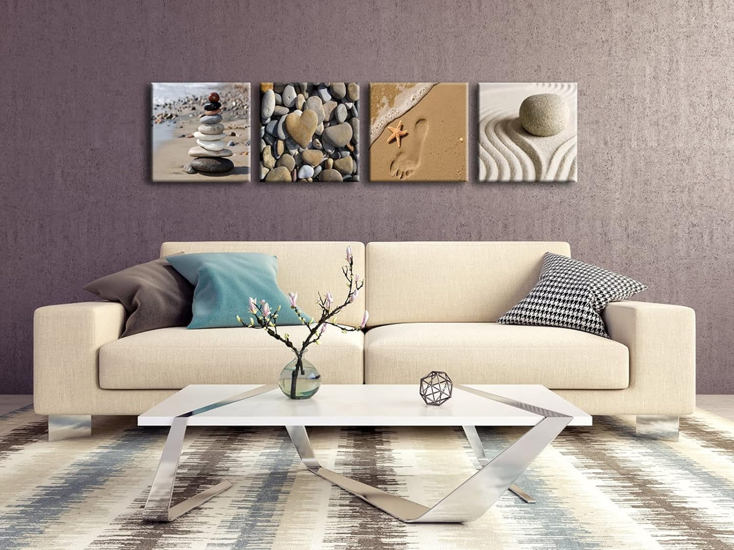 Wieco Art Romantic Beach Theme 4 Piece Modern Giclee Artwork Sea Beach Ocean Canvas Prints Contemporary Abstract Seascape Pictures Paintings on Canvas Wall Art for Bedroom Home Decorations