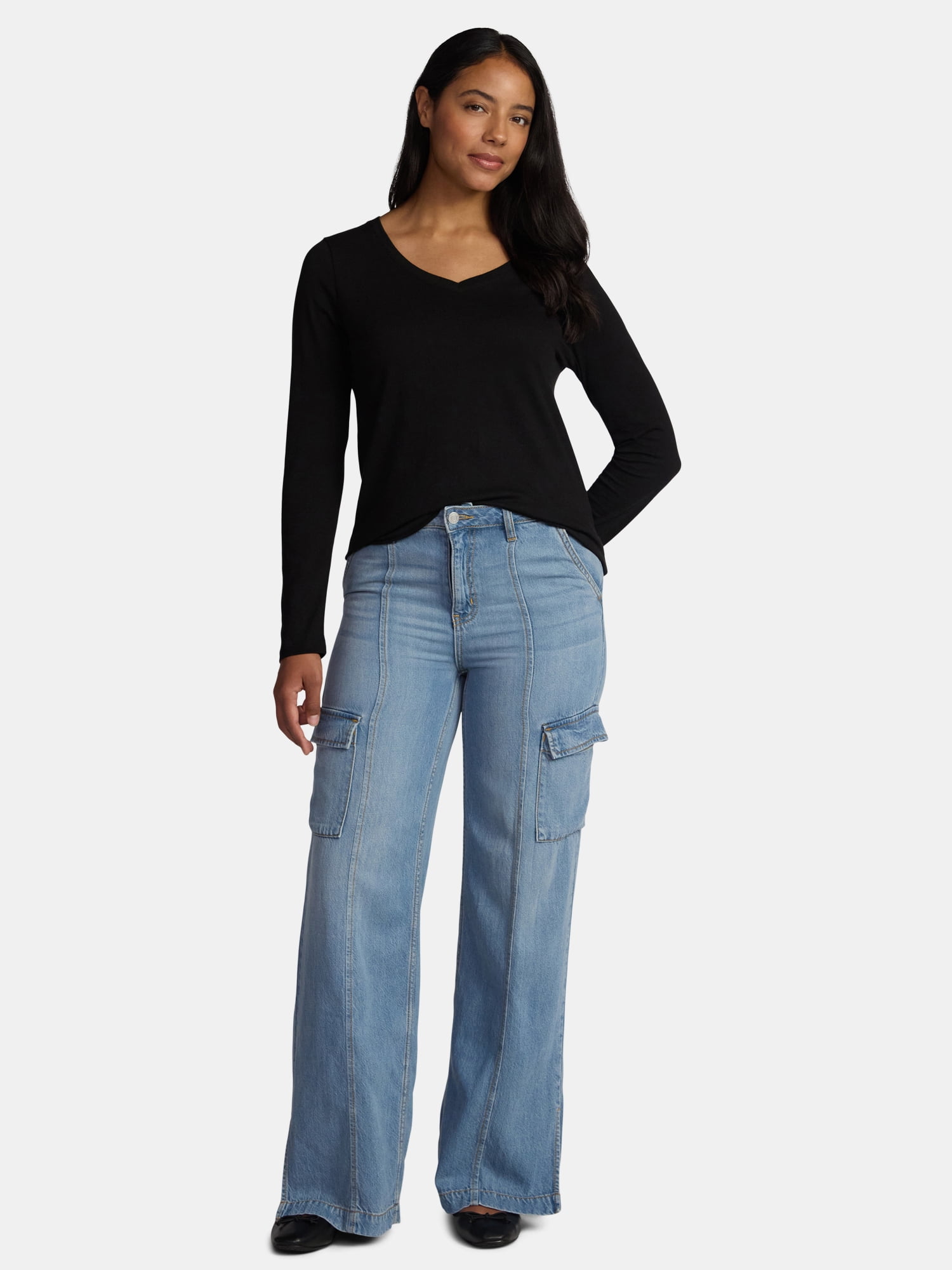 Time and Tru Women's Cotton V-Neck Tee with Long Sleeves, 2-Pack, Sizes XS-XXXL