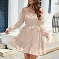 thumbnail image 2 of Hfyihgf Womens Tie Waist Ruffle Dress Sexy Off Shoulder Lantern Long Sleeve Chiffon Short Dresses A-Line Casual Swiss Dot Swing Dress(Apricot,S), 2 of 8