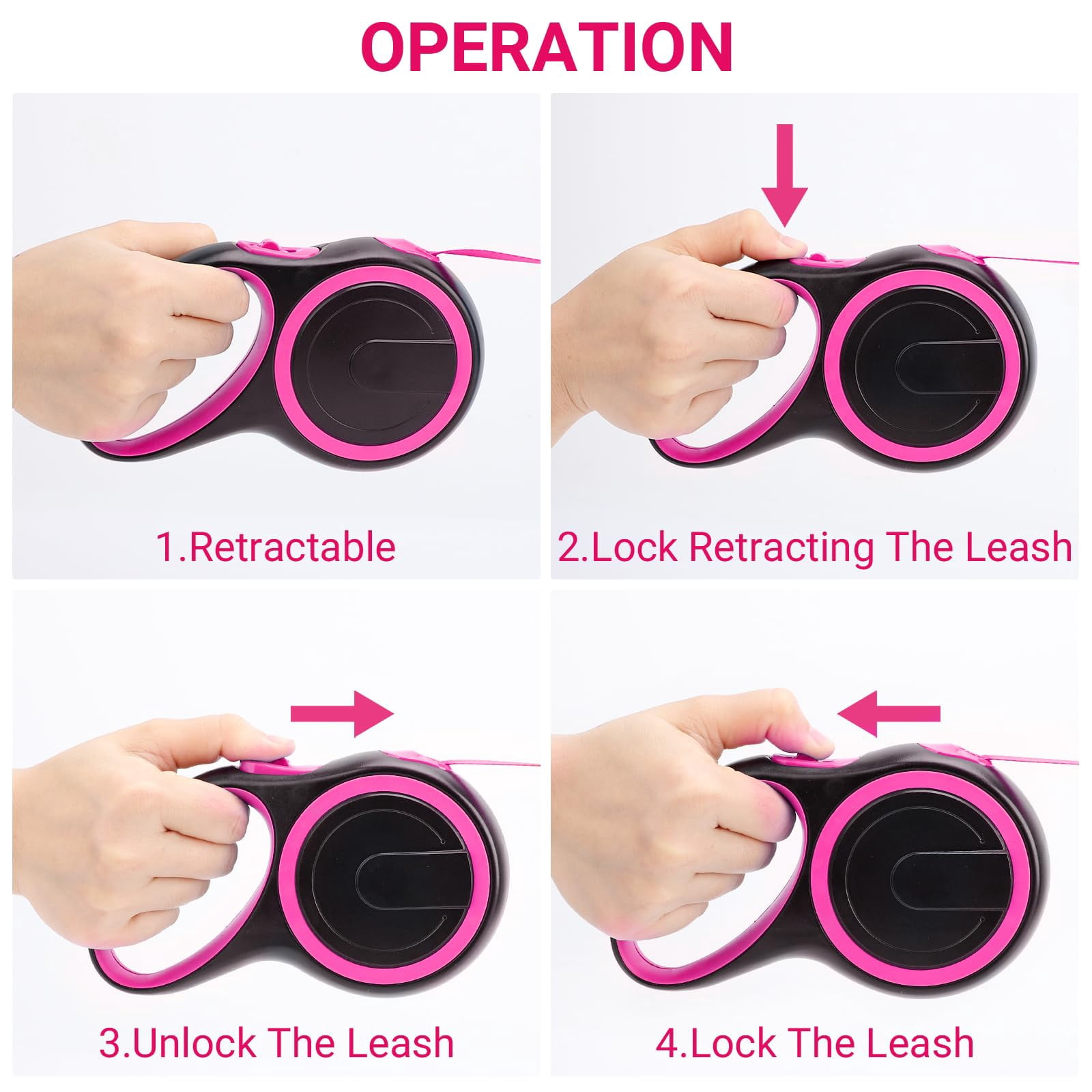 KUCASI Pink Retractable Dog Leash, 16ft Heavy Duty Walking Dog Leash for Medium Small Dogs up to 44lb, Anti-Slip Handle 360°Tangle-Free Nylon Tape, One-Handed One Button Lock and Release