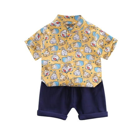 

Kids Toddler Boy Clothes Short Sleeve Rabbit Printed Lapel Buttons Shirt Pockets Shorts Set Gentleman Outfits Set Baby Clothes