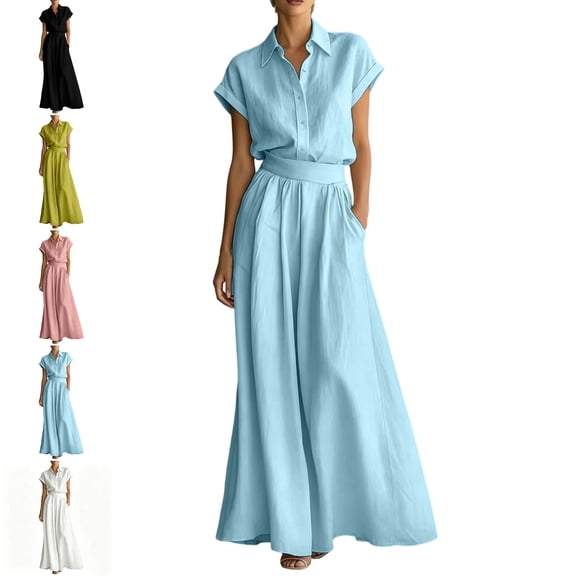MLCDZ Women's 2 Piece Dressy Sets Plus Size Lapel Neck Short Sleeves Button Top High Waisted Flowy Wide Leg Pants Pockets Outfits Hiking Outdoor Work Set