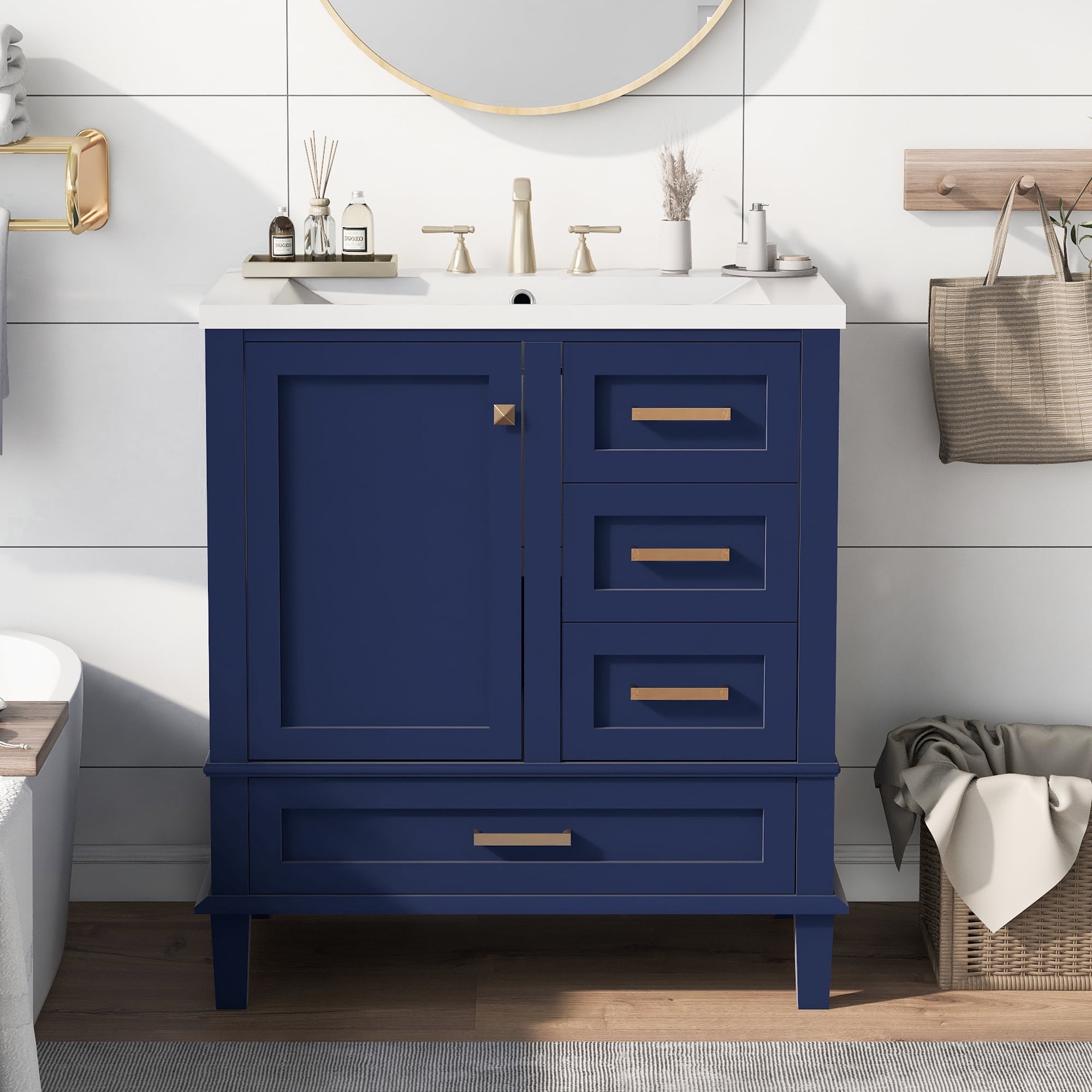 Harper & Bright Designs 30" Blue Bathroom Vanity Cabinet with Sink Combo Set, Bathroom Storage Cabinet with a Soft Closing Door and 3 Drawers, Solid Wood Frame