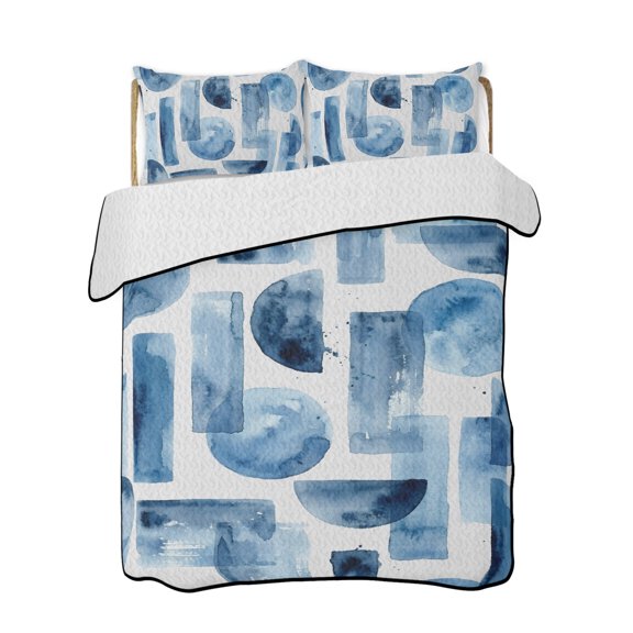 Twin XL Quilt Bedding Set, Blue Geometric Reversible Summer Quilt 3 Pieces, Modern Abstract Watercolor Bohemia Lightweight Bedspreads Coverlets with 2 Pillow Shams for All Seasons