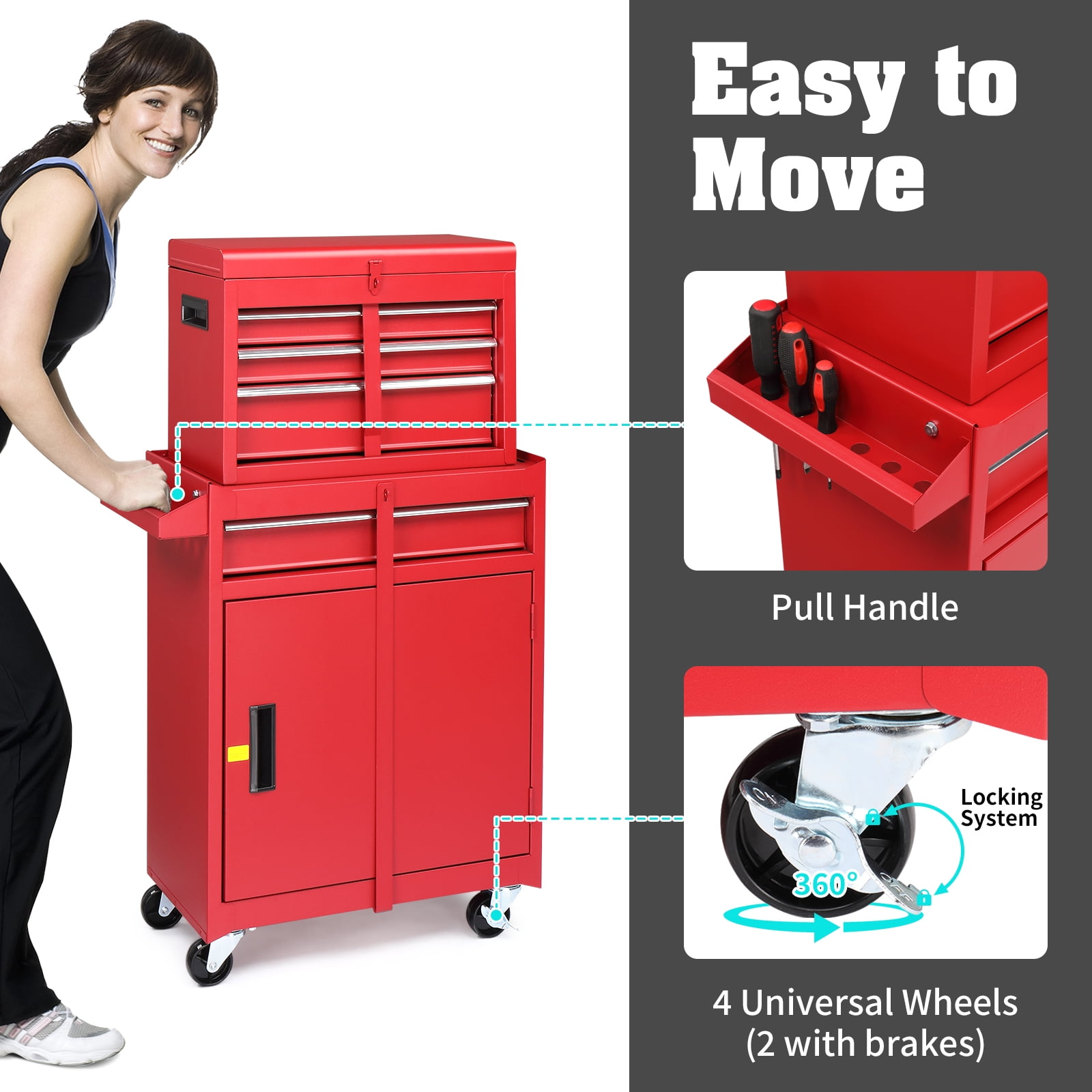 2-in-1 Tool Chest with Drawers, SUREGO 2-Tier Rolling Tool Box & Cabinet with 4 Drawers, Lockable Tool Box Organizer On Wheels, Large Capacity, Red