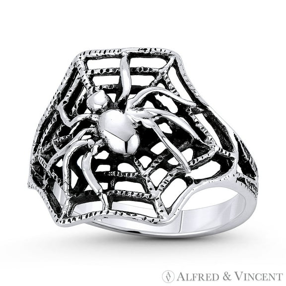 Spider on Web Arachnid Spirit Animal Charm Wide Band Right-Hand Statement Ring in Oxidized .925 Sterling Silver