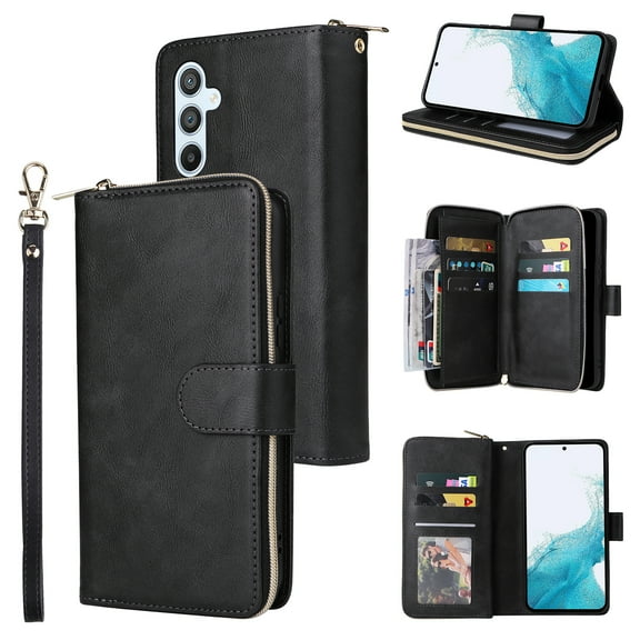 Feishell for Samsung Galaxy A25 5G Wallet Case for Women Men,Premium PU Leather Magnetic Clasp Zipper 9 Card Slots Folio Flip Holder Shockproof Purse Phone Case with Wrist Strap,Black