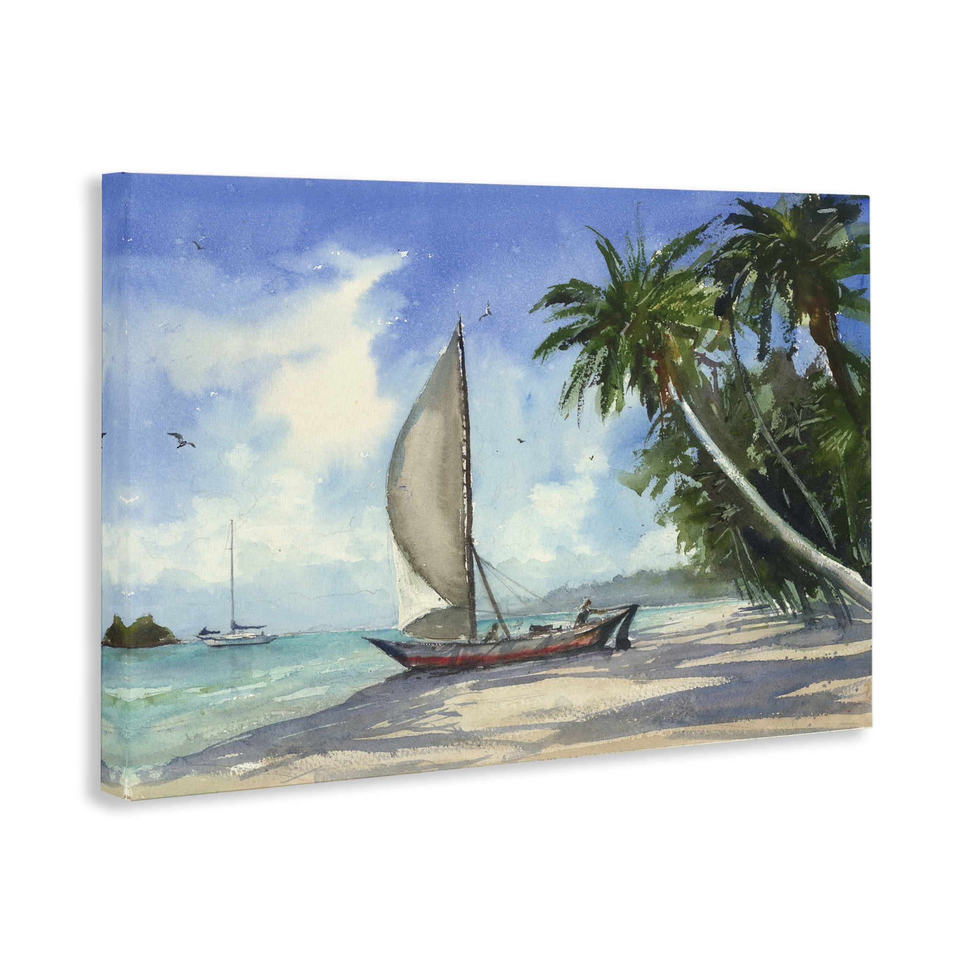 Stupell Industries High & Dry Boat on Shore Nautical & Beach Painting Wrapped Canvas Art Print Wall Art, 36 x 24