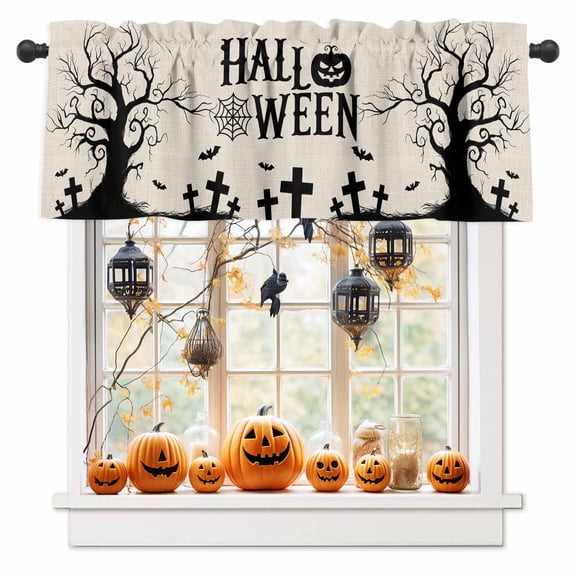 Horror Halloween Tombstone Bare Tree Curtain Valances for Kitchen Windows,Rod Pocket Short Valance Black Farm Burlap Small Window Treatment for Living Room Bathroom Bedroom,54" x 18"-1 Panel