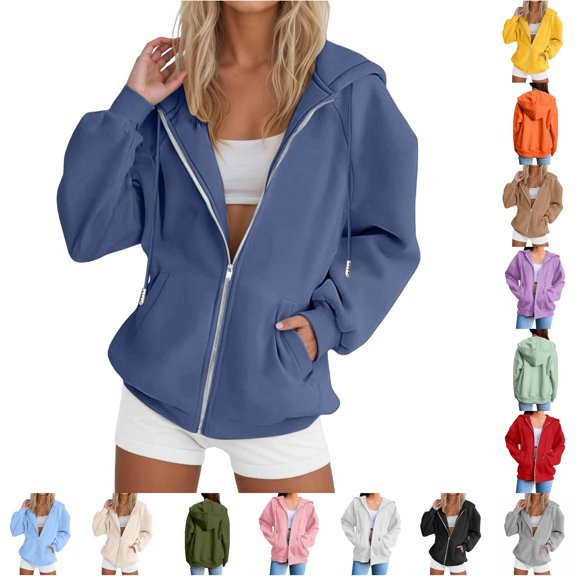 Rhuody Zipper Hoodies For Women Solid Color Loose Fit Long Sleeve Sweatshirts With Pocket Fall Winter Jackets Xl Navy