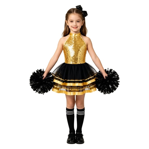 Sholeno Girls Dance Dress Sets Cheerleading Uniform Stage Wear Gold Black 10