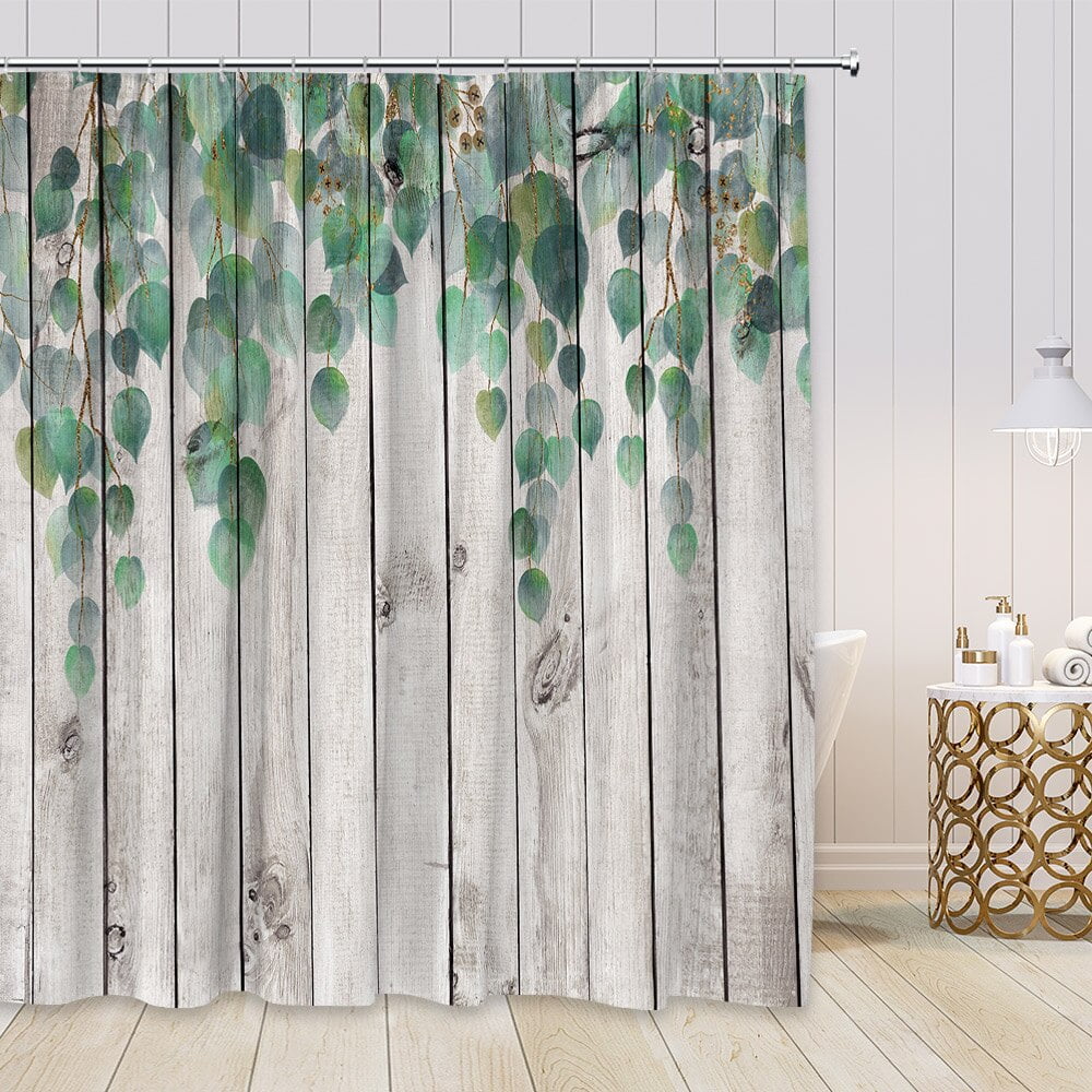 Plant Leaves Shower Curtains Retro Gray Wood Board Green Leaf Modern